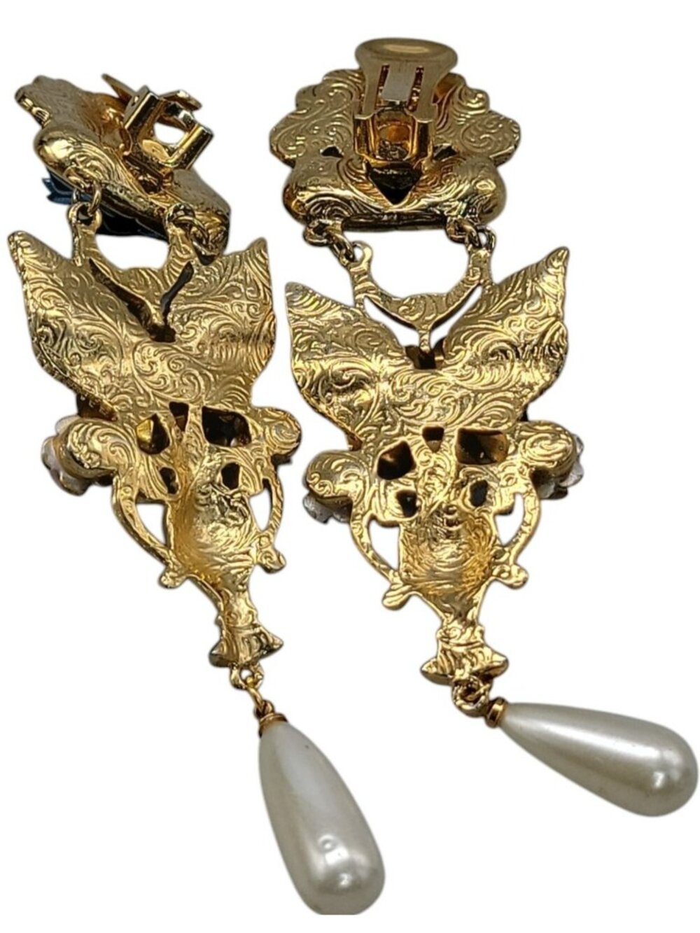 1928 Floral Dangling Statement Earrings Gold Plated Faux Pearl Rhinestones VTG - Picture 16 of 16